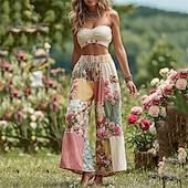 baratos perna larga e cintura alta-Mulheres Perna larga Calças Calça Palazzo Vintage Boho Comprimento total Cintura Alta Bloco de cor Flor Cintura elástica Estampado Respirabilidade Confortável Rua Roupa Diária Para Noite Rosa