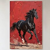 お買い得  動物画-オリジナルの赤黒の質感のある馬の油絵、キャンバスに描かれた野生の種馬の壁アート、馬のパレットナイフのアートワーク、モダンで大胆な乗馬の装飾