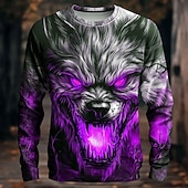 olcso Halloween pólók-Mindszentek napja Férfi 3D Farkasember Póló Hosszú ujj póló 3D nyomtatás Terített nyak Ing Divat Túlzott Utca Hétköznapi Napi Rubin Medence Bíbor Nyár Tavasz Ősz Ruházat S M L XL XXL XXXL