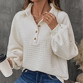 ieftine Hanorace texturate și pulovere-Hanorac textură pentru femei, hanorac tip waffle, pulover, hanorace, streetwear, simplu, casual, mânecă lungă, decolteu în V, topuri regulate, ieșiri în oraș, nasturi, bej, toamnă