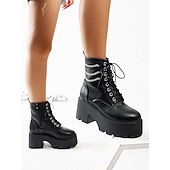 abordables Bottes de combat-Bottines de combat noires à plateforme pour femmes – bottines à lacets épaisses avec détail de chaîne pour le streetwear punk, les concerts et les festivals