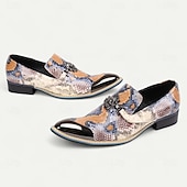 baratos Mocassins de couro premium-Sapatos sociais masculinos de pele de cobra multicolorida com bico fino – slip-ons de couro de vaca exótico com biqueira de metal para shows, festas temáticas e eventos de moda