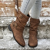 baratos Calçado-Botas de couro sintético de cano médio para mulheres, botas Martin de salto fino com salto fino