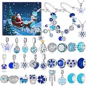 זול לוח שנה של אדונט-צמידי לוח שנה של אדוונט לחג המולד 2025 לבנות, ערכת הכנת תכשיטים DIY בסגנון כחול ל-31 ימים עם 27 אביזרים, 2 צמידים מתכווננים ו-2 שרשראות, מתנת ספירה לאחור לחג המולד לילדים בני נוער