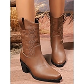 Недорогие Ковбой и западные ботинки-Женские коричневые ковбойские сапоги – сапоги в стиле вестерн до середины голени с вышитым рисунком и блочным каблуком для родео, кантри-концертов и осенне-зимних образов