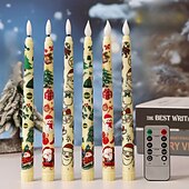preiswerte Weihnachtsbeleuchtung-Flammenlose Stabkerzen mit weihnachtlichem Farbmuster, batteriebetrieben mit Fernbedienung und Timer, flackernde LED-Stabkerzen mit 3D-Docht, Weihnachtsmann, Schneemann, Weihnachtsbaum-Aufkleber,