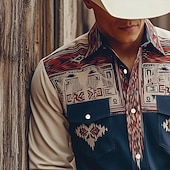 preiswerte Westernhemden für Herren-Herren Geometrisch aztekisch Ethnisch Hemd Westernhemd Cowboy-Shirt Langarm Vintage-Retro Lässig Outdoor Arbeitskleidung Frühling Herbst Umlegekragen Zwei Fronttaschen Leinenähnliches Hemd Hemden mit