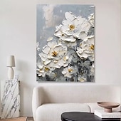 お買い得  花/植物画-鮮やかな花の構図と白い牡丹を特徴とする手作りの3D白い花の油絵。絶妙なインパスト技法と豊かな色彩パレットが特徴で、エレガントな室内装飾に最適です。