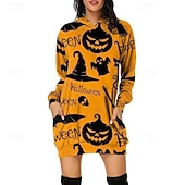 abordables Robe d&amp;#39;Halloween-Femmes Mini Robe Robe à Capuche Robe Décontractée Mode Moderne Halloween Quotidien Week-end Coupe régulière Potiron manche longue À capuche Noir Blanche Jaune Rouge Printemps Automne