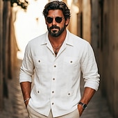 economico Strada-Per uomo Camicia Camicia di lino Camicia Guayabera Camicia Estiva Camicia da Spiaggia Camicia con Bottoni Semplice Vacanza Casuale Bianco Manica Lunga Collo Camp Estate Primavera Abbigliamento Tasca