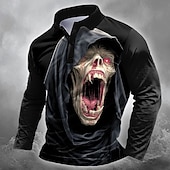 billiga Halloween Polos-De dödas dag Herr Dödskalle Polo Långärmad Polotröjor Kavajslag Ledigt Utomhus Gata Fritids- 3D-utskrift Knappar Vår Höst Vinter Svart 1 Svart 2