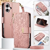 baratos Capas para iPhone-telefone Capinha Para iPhone 16 15 14 Pro Max Plus 16e 13 Pro Max Capa para Cartão Wallet Capa articulada Zíper com cordão com pulseira Árvore flor floral TPU Couro PU