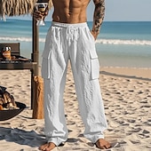 preiswerte Urlaub-Herren Leinenhosen Hose Sommerhose Strandhose Kordelzug Tasche Elastischer Bund Einfach Komfort Atmungsaktiv Urlaub Täglich Ferien Hawaiianisch Boho Schwarz Weiß Mikroelastisch
