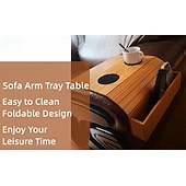 tanie Artykuły domowe-Składany stolik podłokietnikowy do sofy z bambusa w stylu vintage z uchwytem na kubek – nie wymaga montażu, należy myć ręcznie, naturalne drewno &amp;wykończenie w kolorze czarnym, drewno liściaste