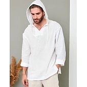 economico Classico-Per uomo Camicia Camicia di lino Camicia popover Camicia Estiva Abbigliamento da spiaggia Camicia con cappuccio Tinta unica Vacanza Streetwear Bianco Verde chiaro Blu Verde Manica Lunga Con Cappuccio