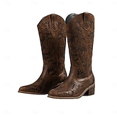 Χαμηλού Κόστους Καουμπόη και δυτικές μπότες-Γυναικείες καφέ δερμάτινες καουμπόικες μπότες western με περίτεχνα φλοράλ ανάγλυφα σχέδια και ψηλοτάκουνα, κομψά αστικά υποδήματα