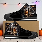 abordables Chaussures pour Hommes-Baskets montantes en toile pour homme avec imprimé « chasse de bière » de la Faucheuse – Chaussures à lacets décontractées et résistantes pour Halloween, style gothique et événements nocturnes