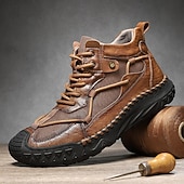 preiswerte Stiefeletten-Braune High-Top-Freizeitsneaker aus Leder für Herren mit Ziernähten und strapazierfähiger Gummisohle – modische Komfortschuhe für Outdoor und Stadt