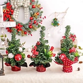 זול דמויות לאספנים-עץ חג המולד מיניאטורי שולחן עבודה עץ חג המולד מלאכותי שולחן עבודה קישוט חג המולד עם מחטי אורן אדומות עיצוב פירות יער לתצוגת סצנת החג חגיגית קישוט מסיבה לבית חגיגי אבזר