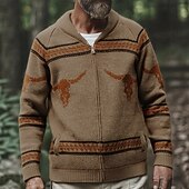 Men's Cardigan Sweater Cropped  Sweater Zip Sweater Knit Sweater Ribbed Knit Regular Tops Pocket Cow Shawl Lapel Classic Casual Vacation Daily Wear Clothing Apparel Fall Winter khaki M L XL3