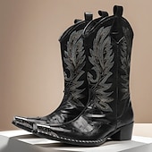 billiga Premium läderstövlar-Svarta westerncowboystövlar för män med broderade löv – höga stövlar i premiumkohud för countrymusikevenemang, rodeos och vintagefester