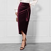 abordables Jupes unies-Femmes Jupe Élégant ancien Mode Sexy Midi Taille Moyenne Jupes Uni Froncé Fendu Micro-Élastique École Noël Rouge bordeaux Printemps Polyester Velours