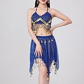 abordables Tenues de danse du ventre-Danse du Ventre Jupes Jeton en cuivre Couleur unie Épissage Femmes Performance Entraînement Sans manches Haut Polyester
