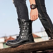 economico Stivali da combattimento-stivali da combattimento neri da uomo con cinturini con fibbia – stivali militari alti in stile punk gotico per streetwear, cosplay e festival all'aperto