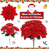 billige Kransar, Girlander &amp; Swags-2 bunter julestjerne med 7 røde kunstige julestjerneblomster og grønne plastblader til hjemmedekor, spisebord, bryllup, juletre og utstilling året rundt