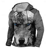 baratos Estampa animal-Homens Lobo 3D Moletons à moda Casual Manga Longa Com Capuz Feriado Streetwear Preto Marron Com Cordão Arte Gráfica Outono Inverno Designer