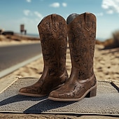 Χαμηλού Κόστους Καουμπόη και δυτικές μπότες-Γυναικείες καφέ δερμάτινες καουμπόικες μπότες western με περίτεχνα φλοράλ ανάγλυφα σχέδια και ψηλοτάκουνα, κομψά αστικά υποδήματα