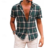 preiswerte Herrenhemd zum Knöpfen-Herren Hemd Sommerhemd Freizeithemd Strandhemd Knopfhemd Gelb Rote Grün Kurzarm Karomuster Revers Urlaub Hawaiianisch Tasche Bekleidung Polyester Mode Lässig Bequem