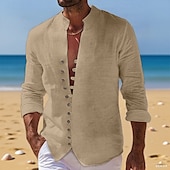 economico Vacanza-Per uomo Camicia Camicia di lino Camicia Estiva Camicia casual Camicia con Bottoni Semplice Vacanza Crociera Nero Bianco Rosa Blu Manica Lunga Colletto alla coreana Estate Primavera &amp; Autunno