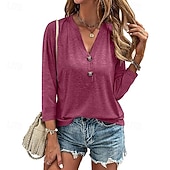 economico T-shirt semplice-Per donna Blusa Tinta unica Vintage Quotidiano Casual Manica 3/4 Scollo a V Top Regolari Lavoro Quotidiano Uniformi da club Bottoni Rosso violaceo Nero Rosa Blu Estate Primavera Autunno Inverno