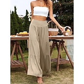baratos Calça de linho de algodão simples-Mulheres Calças de linho de algodão Perna larga chinês Básico Casual Comprimento total Cintura Alta Tecido Cintura elástica Confortável Macio Com Stretch Ao ar livre Rua Preto Branco Azul Roxo Claro