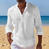 economico Vacanza-Per uomo Camicia di lino Camicia con colletto alla coreana Camicia popover Camicia casual Camicia da Spiaggia Semplice Vacanza Ferie Nero Bianco Rosa Arancione Manica Lunga Henley Estate Primavera
