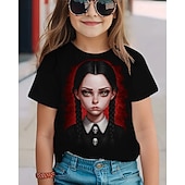 tanie 3D kreskówka dziewczyny-Koszulka z gotycką grafiką Wednesday Addams, słodka, letnia, oddychająca, modna koszulka na Halloween dla dziewczynek