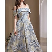 voordelige Lange Jurken en Gowns-Jacquard Brocade A-Lijn Prom Jurken Elegante Jurk Bruiloft Gast Avondfeest Vloerlengte Off Shoulder Mouw met Bloemenprint Bruiloft Gast Jurk