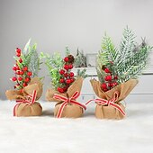 abordables Figurines de collection-Mini sapin de Noël artificiel de table, décoration de Noël, aiguilles de pin enveloppées de toile de jute, baies rouges, mini sapin de Noël pour décoration de table festive à la maison, accessoire de