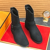 cheap Ankle Boots-Men&#039;s Khaki Faux Suede Mid-Calf Boots with Side Buckle Straps, Retro Cowboy Style Boots for Casual Outfits and Party Occasions