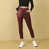 Women's Tights Leather Pants Faux Leather Leggings with Pockets Warm High Waist Gym Athletic Pilates Bottoms Solid Color Red Winter Sports Activewear4