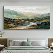 baratos Pinturas de Paisagens-Pintura a óleo original de montanha sobre tela 3D, arte verde, pintura minimalista de paisagem, textura abstrata, arte de parede verde, decoração de parede grande