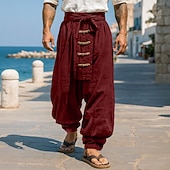 baratos Feriado-Homens Calças de linho Calças Calça verão Calças largas Com Cordão Cintura elástica Botões Tecido Conforto Respirável Comprimento total Ao ar livre Ioga Casual Designer Retro Vintage Vermelho Azul