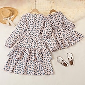 cheap Daily Family Matching-Mommy and Me Dresses Polka Dot Street Print Khaki Long Sleeve Midi Active Matching Outfits