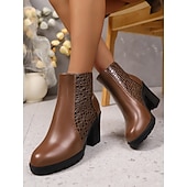 رخيصةأون جزمة الكاحل-حذاء بكعب سميك من الجلد الصناعي باللون العنابي للنساء - حذاء أنيق بكعب سميك من الجلد الصناعي مناسب للخريف والشتاء وملابس العمل