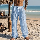 preiswerte Urlaub-Herren Leinenhosen Hose Sommerhose Strandhose Kordelzug Tasche Elastischer Bund Einfach Komfort Atmungsaktiv Urlaub Täglich Ferien Hawaiianisch Boho Schwarz Weiß Mikroelastisch