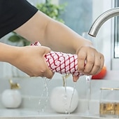 economico Utensili e gadget da cucina-Confezione da 10 panni per la pulizia della cucina a quadretti grandi: assorbenti, riutilizzabili, in poliestere, nei colori rosso, blu, giallo &amp;arancione per lavandino, tavolo &amp;uso esterno