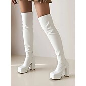 baratos Botas com salto-botas plataforma femininas acima do joelho – botas de salto alto em couro sintético elástico preto e branco para eventos de moda e festas