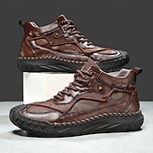 preiswerte Stiefeletten-Braune High-Top-Freizeitsneaker aus Leder für Herren mit Ziernähten und strapazierfähiger Gummisohle – modische Komfortschuhe für Outdoor und Stadt