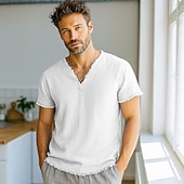  Men's Tee Top Linen T-Shirt Short Sleeves V Neck Summer Spring Solid Color Plain Fashion Designer Basic Soft Vacation Casual Casual Daily White Pink Burgundy Top Tee for Men